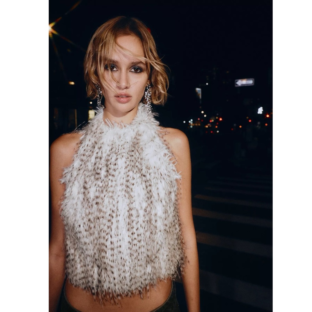 Zara Feathery Halter Crop Top in White and Brown